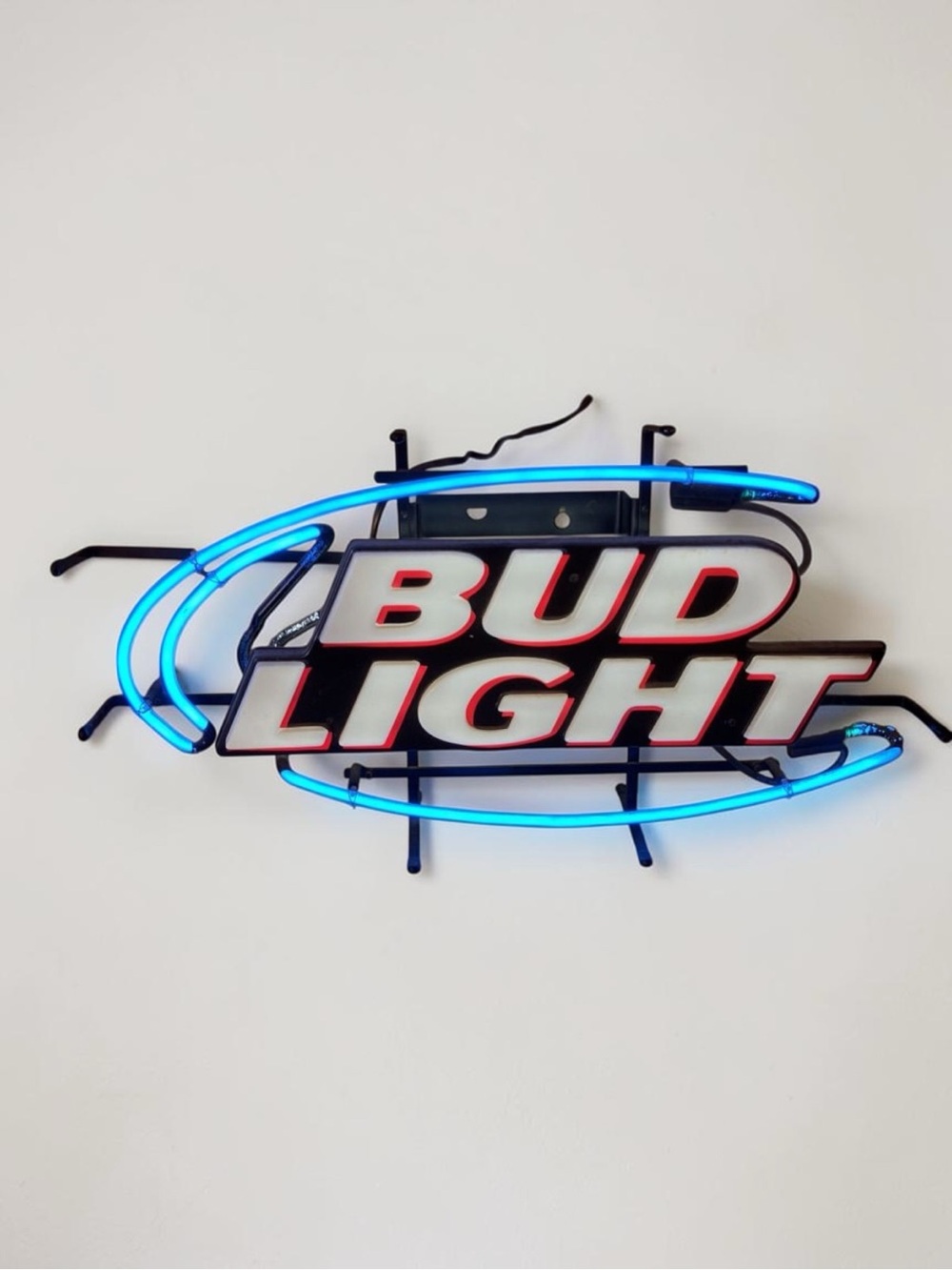 Vintage Budweiser Bud Light Neon Sign Blue Lighted Tubing 28” X 15” Breweriana